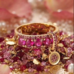 Könnte beinhalten: Ein goldfarbener Ring mit einer Reihe runder, leuchtend pinker Steine entlang der Ringschiene. Ein kleiner, runder Anhänger mit einer mit pinken Steinen besetzten Oberfläche hängt an der Seite. Die Innenseite des Rings trägt die Prägung 925.