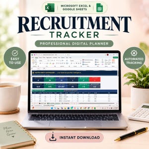 May include: A laptop displaying a Recruitment Tracker spreadsheet with a dashboard showing talent acquisition metrics. The screen features text including Recruitment Tracker, Professional Digital Planner, Easy to Use, Automated Tracking, and Instant Download.