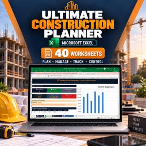Può includere: Un computer portatile che mostra un foglio di calcolo per la gestione dei cantieri intitolato Ultimate Construction Planner con 40 fogli di lavoro per Microsoft Excel. Lo schermo mostra metriche di progetto, un grafico a barre del budget.