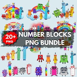 May include: A digital collection of Numberblocks characters in various poses and colours, featuring rainbows, clouds, and the text 20+ PNG NUMBER BLOCKS PNG BUNDLE. The characters are block-shaped figures with faces, limbs, and numbers on their bodies.