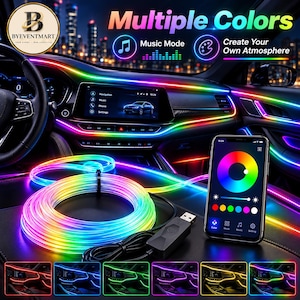 May include: A coiled multi-colored LED light strip for car interiors with a USB connector and a control box. A smartphone displays a color wheel app interface. The text reads Multiple Colors, Music Mode, and Create Your Own Atmosphere.