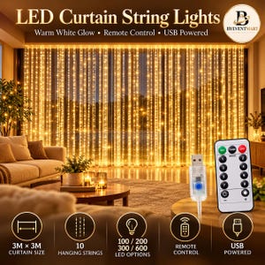 May include: LED curtain string lights with a warm white glow, remote control, and USB power. The set features 10 hanging strings, a 3M by 3M size, and 100 to 600 LED options. The remote includes mode, timer, and brightness buttons.