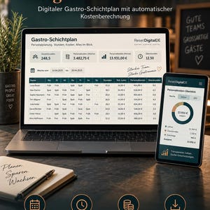 Könnte beinhalten: Ein Laptop und ein Smartphone zeigen eine digitale Dienstplan-Software namens Gastro-Schichtplan. Die Bildschirme präsentieren Mitarbeiternamen, Schichtzeiten, Stundenlöhne und Personalkosten in einer tabellarischen Übersicht sowie einem Donut-Diagramm.