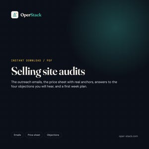Puede incluir: Un documento PDF digital titulado Selling site audits de OperStack. El texto incluye Instant Download, correos electrónicos de prospección, una hoja de precios con anclas reales, respuestas a cuatro objeciones y un plan para la primera semana.