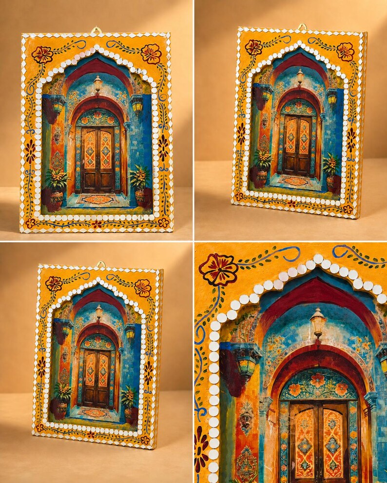 May include: A rectangular wall art piece featuring a painted scene of a wooden door set within a blue archway. The frame is yellow with hand-painted floral motifs and small circular mirrors embedded along the inner arched border.