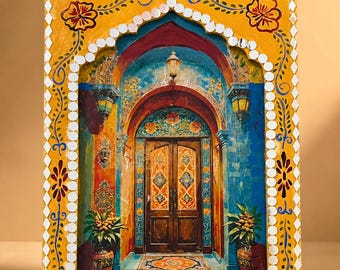Mughal Jharoka Wall Decor, Hand-Decorated MDF Arch with Mirror Work and Floral Details