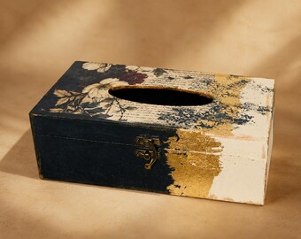 Noir Gold Decorative Tissue Box, Hand-Painted MDF with Floral Details and Antique-Inspired Front Clasp