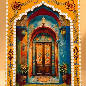 May include: A rectangular wall hanging featuring a painted scene of a wooden double door set within an arched entryway. The frame is painted yellow with floral motifs and bordered by small white circular and diamond-shaped mirror pieces.
