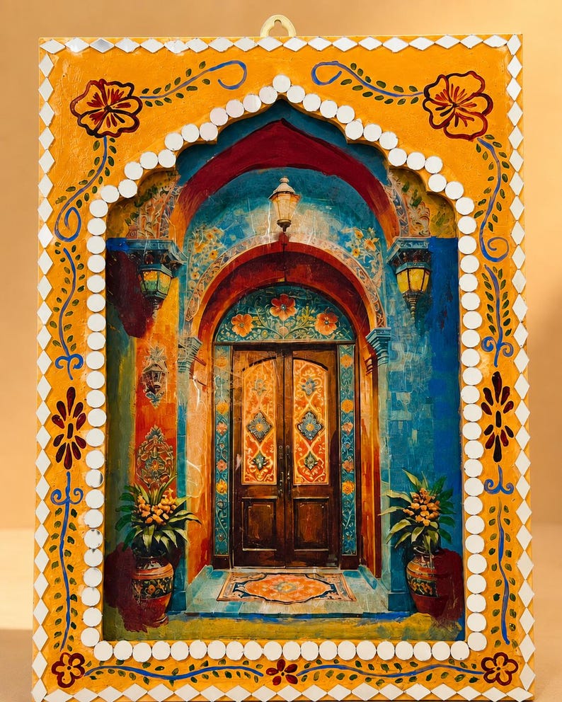 May include: A rectangular wall hanging featuring a painted scene of a wooden double door set within an arched entryway. The frame is painted yellow with floral motifs and bordered by small white circular and diamond-shaped mirror pieces.