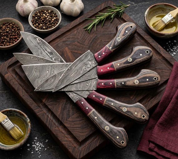 Personalized Damascus Chef Knife Set, 5 Piece Kitchen Knives with Leather Roll, Wood Handles