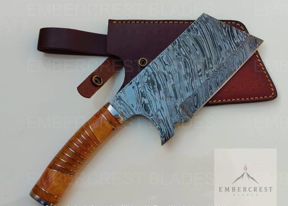 Damascus Cleaver Knife, Butcher Chopper, Wood Handle, Leather Sheath, BBQ Chef Gift for Him