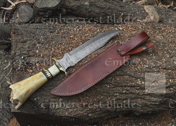 Damascus Hunting Knife, 9.5 Inch Bowie, Bone Handle, Full Tang, Leather Sheath