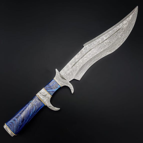 Handmade Damascus Steel Bowie Knife: 12-Inch Blade, Blue Stabilized Wood Handle (Custom Engraved)