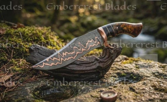 Copper Inlay Damascus Hunting Knife, Bowie Fixed Blade, Wood Resin Handle, Free Engraving