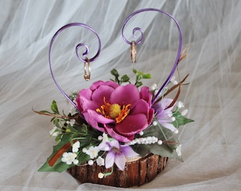 Rustic slice of cedar wood flowers ring bearer box with heart shape made with metal flat wire, ring pillow alternative