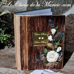 Rustic wooden photo 4&#39;&#39;x 6&#39;&#39; album Keepsake family or wedding photo decorated with handmade flowers, Made in Canada gifts