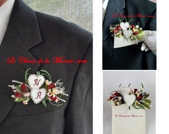 Personalized pocket boutonniere, burgundy and blush mulberry paper flowers, trendy wedding accessory, initials of the bride and groom