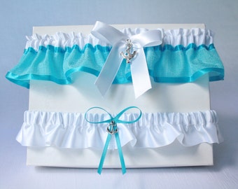 Turquoise and white garters set, Anchor garter, Satin and organza garter, Nautical sailor garter, Sea garter, Prom garter, Beach garter