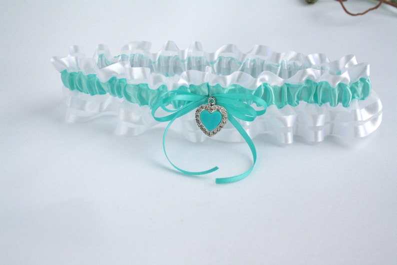 Keepsake and toss heirloom garter Prom garter Satin and organza romantic lingerie Aqua and white garter set for bride Bride garter set