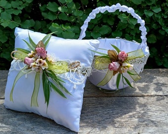 Flower Girl Basket and Wedding Ring Bearer Pillow in White and Sage Green, Elegant  wedding set