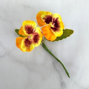 2 Magnificent velvet pansies, Vintage flowers in yellow and orange, millinery flowers, crafts project