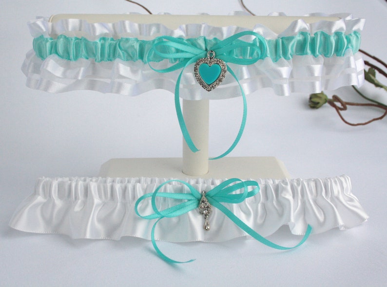 Keepsake and toss heirloom garter Prom garter Satin and organza romantic lingerie Aqua and white garter set for bride Bride garter set