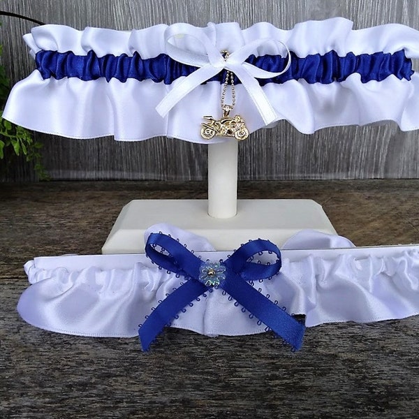 Set of blue and white satin garters with a motorcycle charm for wedding, Something blue, Garter party gift for bachelorette party