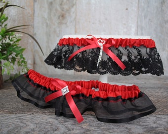 Red and black wedding garter set  decorated with Rhinestones heart, Unique garter set