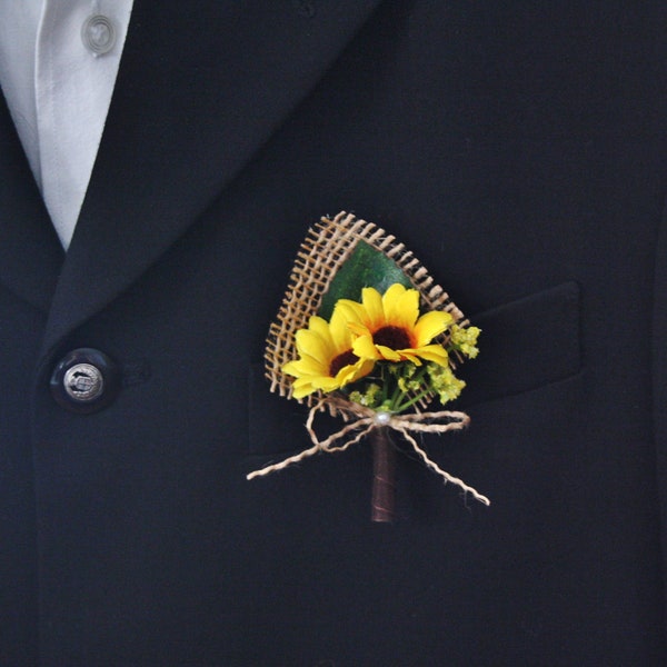 Rustic burlap boutonniere with sunflowers for wedding or prom, Yellow boutonniere, Wedding in autumn
