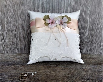 Ivory and blush satin ring pillow with lace ribbon and flowers, Ring bearer pillow, Shabby chic wedding