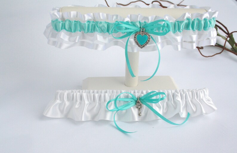 Keepsake and toss heirloom garter Prom garter Satin and organza romantic lingerie Aqua and white garter set for bride Bride garter set