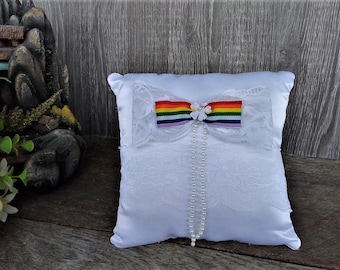 White satin ring pillow, Wedding accessory for ring bearer, Ring bearer with rainbow colored ribbon