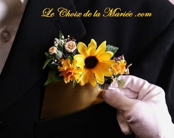 Silk flower pocket boutonniere, sunflower,  trendy accessory for weddings and proms.