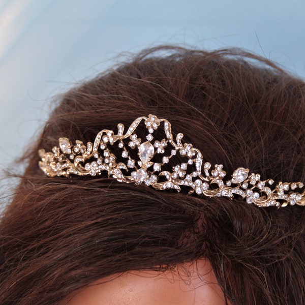 Diadème de Mariage de couleur Or avec Faux Diamants, Couronne nuptiale , Tiare pour la Mariée Éblouissante