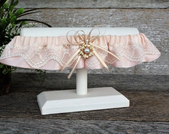 Blush satin and ivory lace garter for romantic wedding