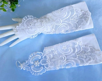 White Beaded Elbow-Length Fingerless Gloves for Wedding, Prom, Special Occasion