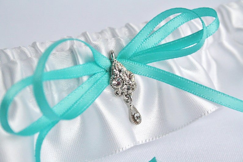 Keepsake and toss heirloom garter Prom garter Satin and organza romantic lingerie Aqua and white garter set for bride Bride garter set