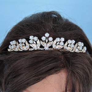 Gold Bridal Tiara with Pearls • Vintage Sparkly Crown for Wedding or Prom