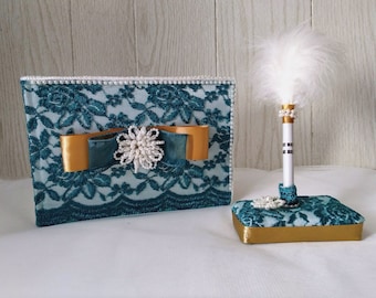 Lined guestbook & pen adorned with teal lace, ribbon, and pearls. Unique gift for weddings and Quinceañera.