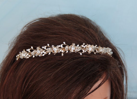 Gold Wedding Tiara with rhinestone and crystals, … - image 1
