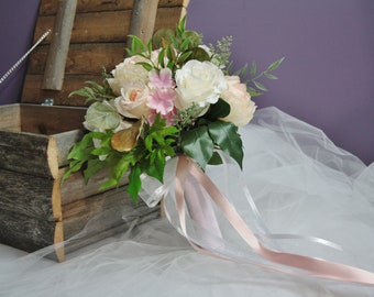 Shabby chic peony and roses wedding bouquet