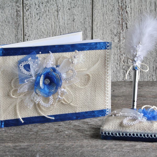 Blue wedding guestbook pen holder set covered with a burlap decorated with handmade blue flowers Something blue Wedding gift