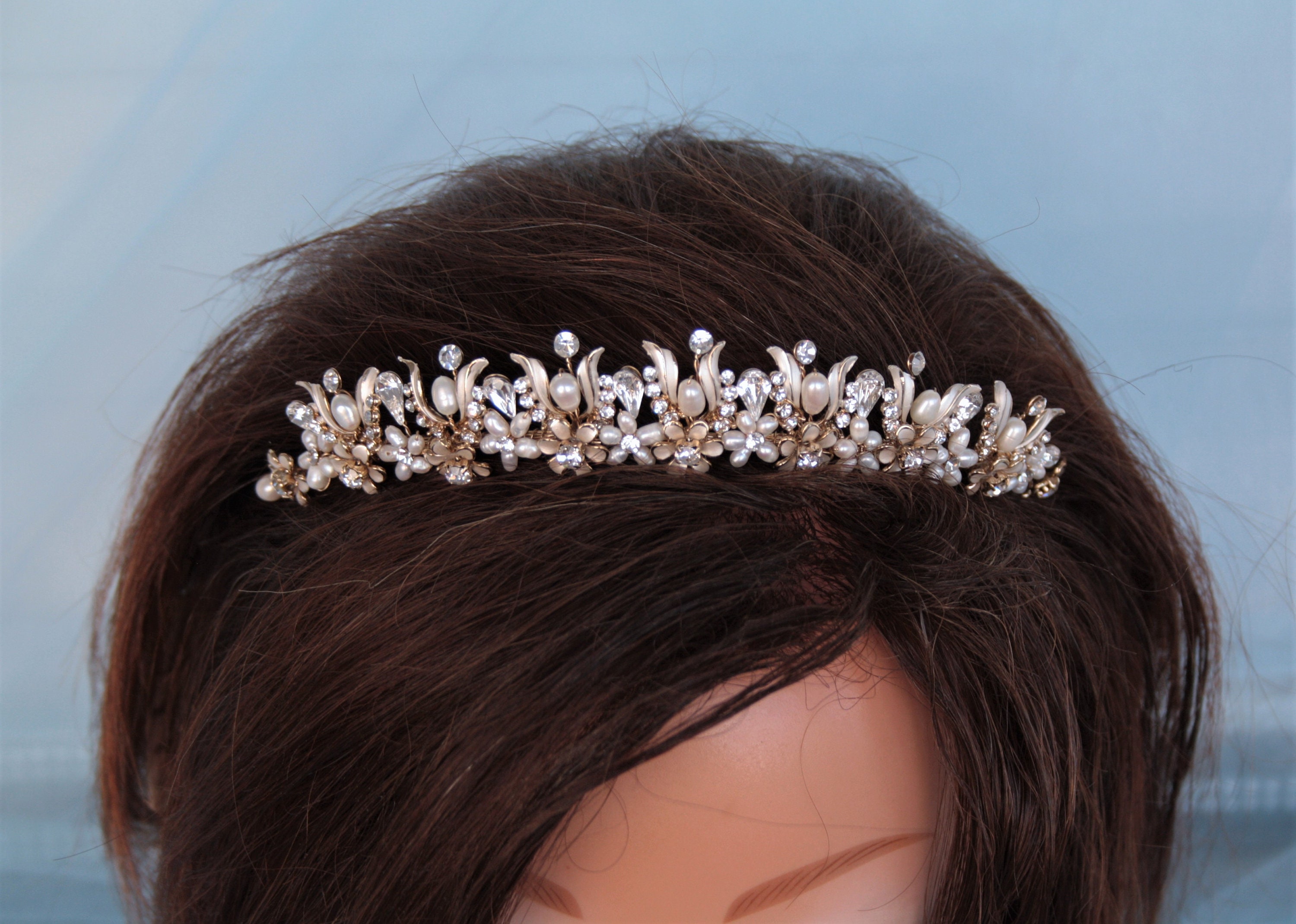 Golden Tiara Adorned With Pearly Beads and Sparkling 