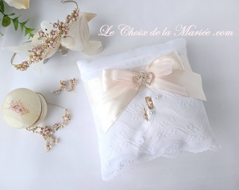 Elegant Handmade White Satin and Lace Wedding Ring Pillow, Blush Ribbon, Wedding Ring Bearer Accessory, Jewel Center Bow