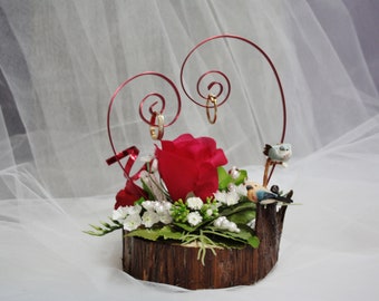 Rustic slice of cedar wood flowers ring bearer box with heart shape made with metal flat wire ring pillow alternative