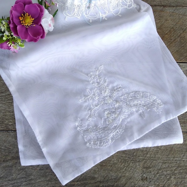 Écharpe de mariage en organza blanc soyeux avec appliqués de dentelle, Châle ou foulard de soirée et Bal