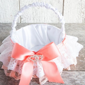 Flower girl basket Lace & satin romantic wedding basket with heart rhinestones image 2