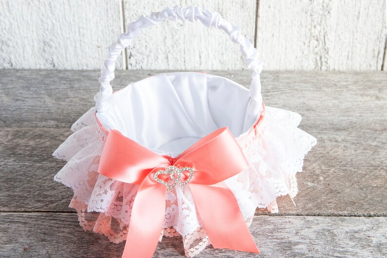 Flower girl basket Lace & satin romantic wedding basket with heart rhinestones image 2