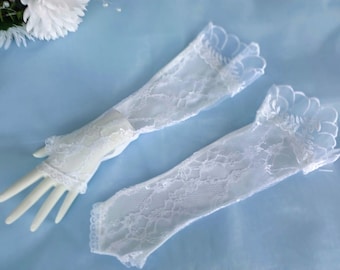 White Lace Elbow-Length Fingerless Gloves for Wedding, Prom, Special Occasion