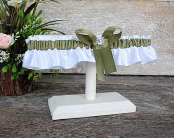 Moss green and white satin garter for wedding or prom   Keepsake or toss garter, Bride gift garter